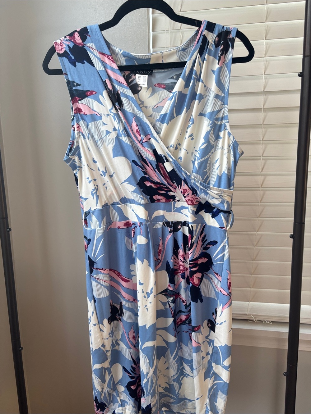 VENUS Light Blue Floral Midi Dress with White and Pink Accents